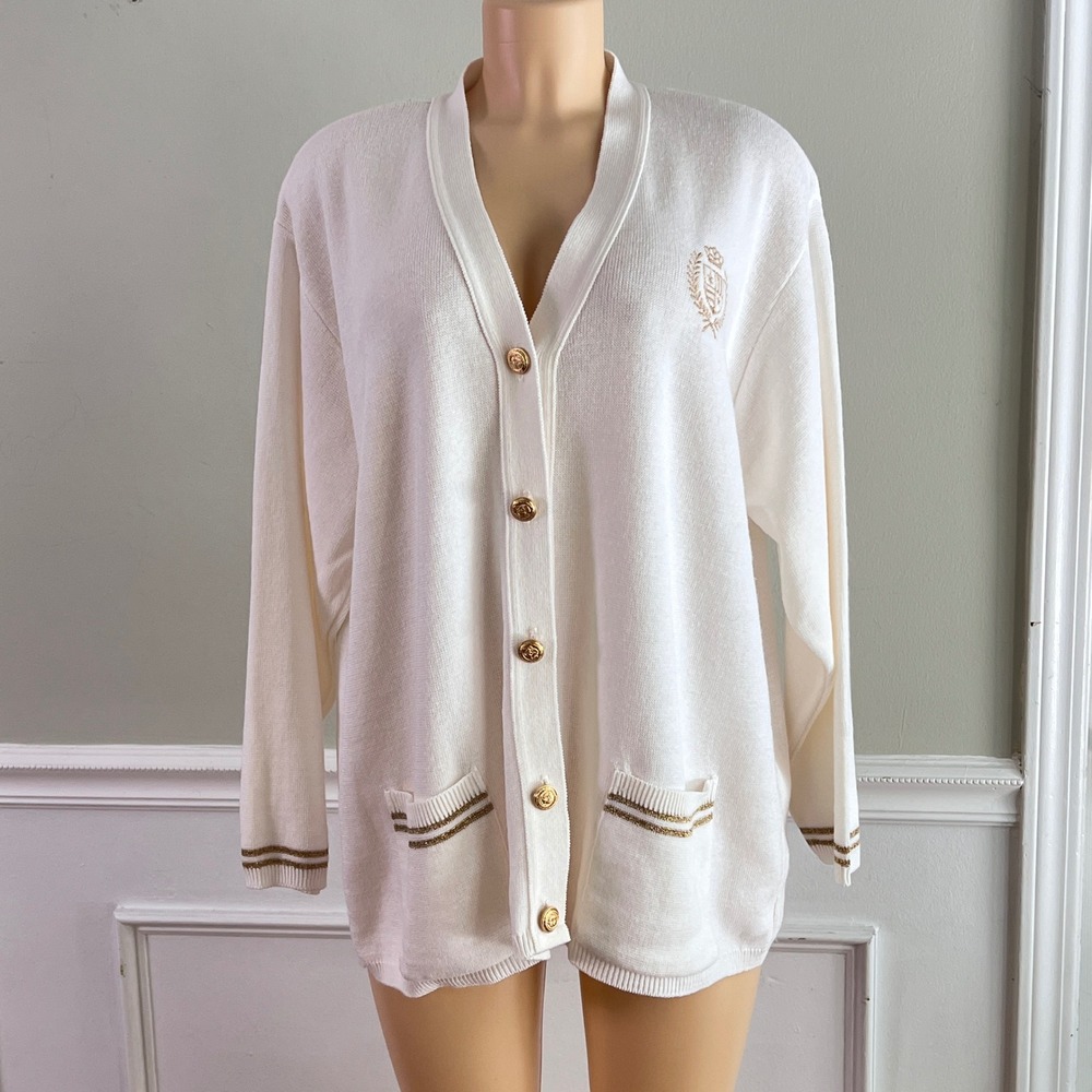 Beldoch Popper Cardigan Women 1X Crest Gold Button Cream V-Neck Vintage 90s Knit